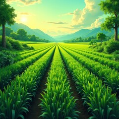 Lush green fields stretch towards distant mountains under a vibrant sky, symbolizing agriculture, nature, and sustainability in a picturesque landscape.