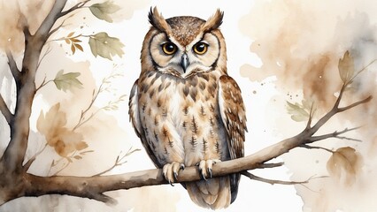 Majestic owl with piercing gaze perched on branch with autumn leaves watercolor