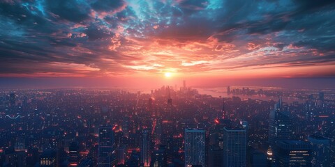 Obraz premium Aerial View of City Skyline at Sunset