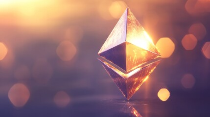 A golden pyramid shaped object is lit up by a light source