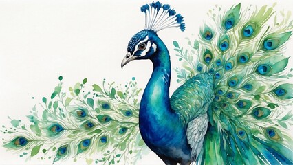 Elegant peacock with elaborate feather display watercolor portrait with copy space