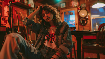Indie fashion shoot featuring thrifted vintage pieces such as oversized jackets and graphic tees, posed in an indie music cafe with instruments in the background.