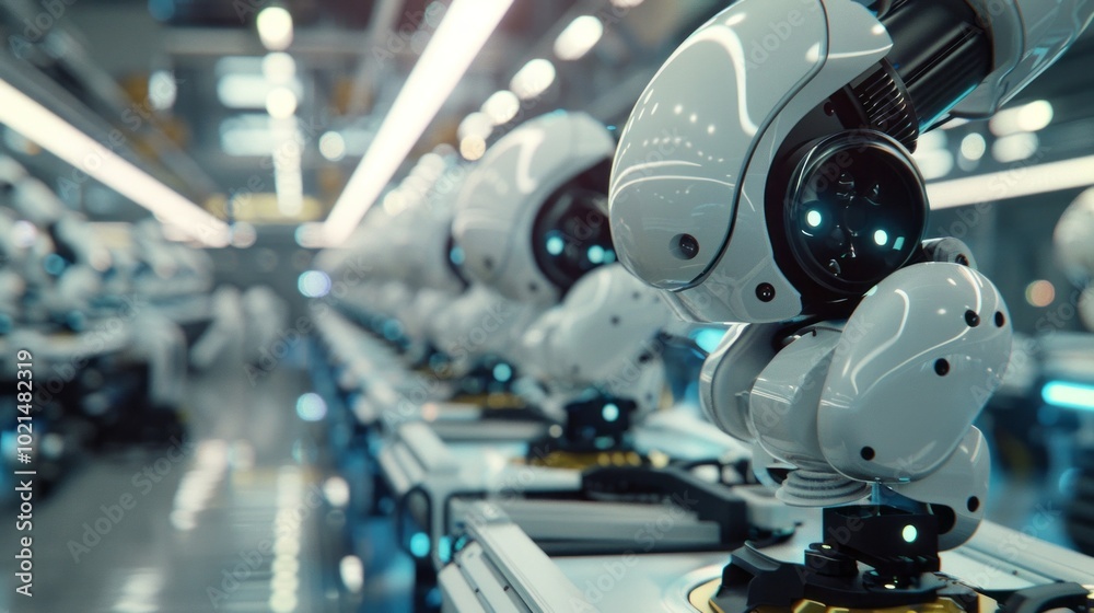 Poster A robot is standing in a factory with other robots