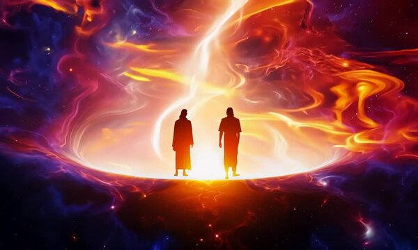 Shadrach, Meshach, and Abednego in the fiery furnace, depicted within a swirling nebula, highlighting their faith amidst trials, with copy space
