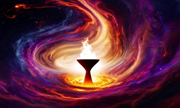 Shadrach, Meshach, and Abednego in the fiery furnace, depicted within a swirling nebula, highlighting their faith amidst trials, with copy space
