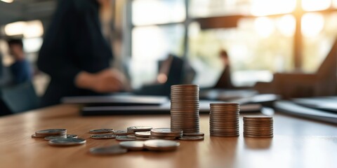 A series of coin stacks representing a bars-up graph on an office desk or setting