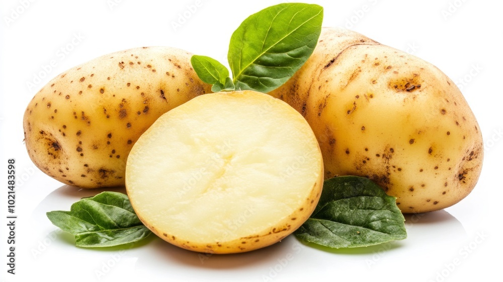 Wall mural realistic image of two argentine potatoes one cut in half with green leaves isolated on a clean whit