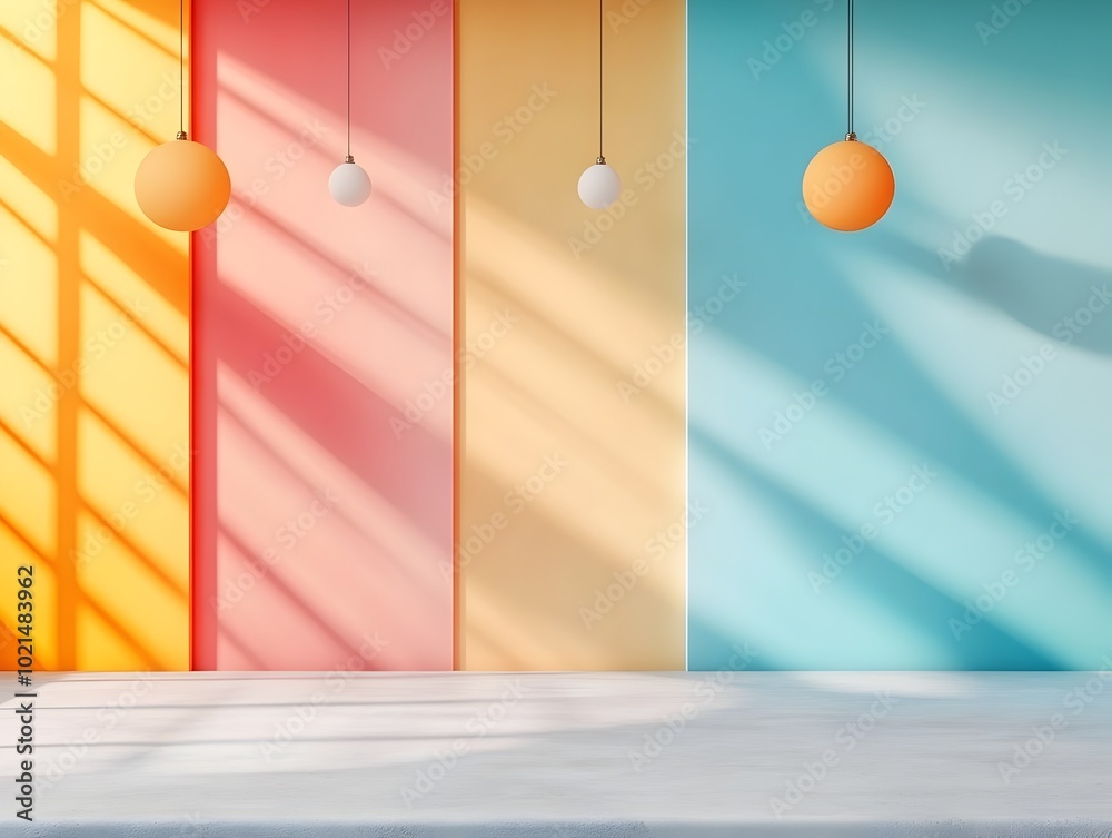 Poster Minimalist 3D studio setting with a striking prismatic color gradient backdrop empty concrete floor and wall soft shadow cast from window lighting