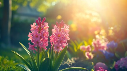 Obraz premium A beautiful spring garden with pink hyacinths blooming in the sunshine. These flowers are a classic symbol of Easter, and the photo is styled with the vibrant magenta color of the year 2024.