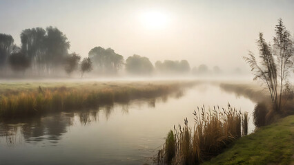 Fototapeta premium fog in the mountains, morning fog landscape sunlight coming through the fog bright sunny nature background