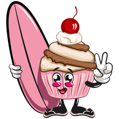 kawaii cartoon cupcake with cherry on top character mascot isolated vector illustration with surfboard, work of hand drawn