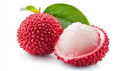 Two lychees one cut in half with leaves isolated on a white background realistic fruit representation ideal for tropical food and healthy eating visuals.. Generative AI