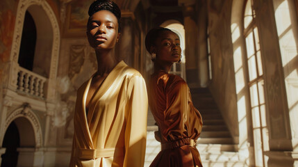 Naklejka premium Models showcasing slow fashion luxury outfits, set in a grand estate with soft, elegant lighting creating a timeless, sophisticated mood