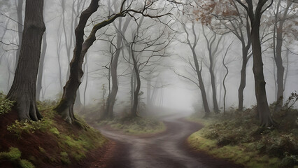 Fototapeta premium fog in the mountains, morning fog landscape sunlight coming through the fog bright sunny nature background