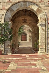 Fototapeta premium A long corridor with arches and a red door at the end