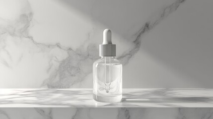 Naklejka premium A clear glass bottle with a dropper, ready for your favorite skincare or essential oils. It has a simple design and sits nicely on a marble shelf. Perfect for beauty products!