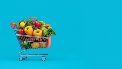 Colorful shopping cart filled with fresh vegetables and fruits on a vibrant blue background.
