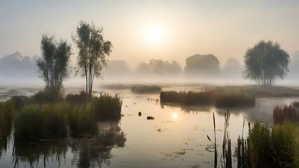 Fototapeta premium fog in the mountains, morning fog landscape sunlight coming through the fog bright sunny nature background