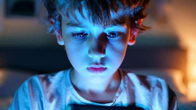 Concept of a child addicted to cell phones. Little boy focused on cell phone screen in bedroom at night.