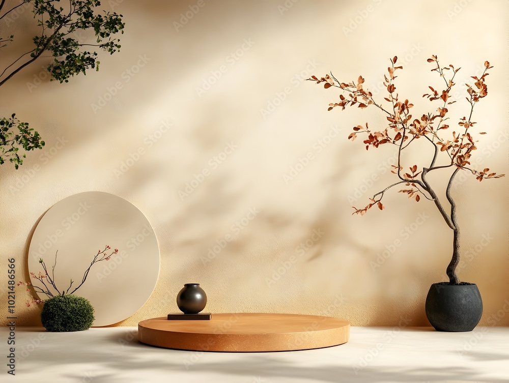 Poster serene 3d studio space with ochre toned walls minimal floor and podium soft shadow patterns from win