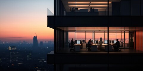 Plakat An outside view of people working at a realistic office building in the city