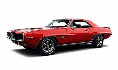 Fototapeta premium A stunning vintage red car showcasing classic American muscle, perfect for automotive promotions, vintage themed projects, or nostalgic design.