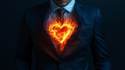A stylish man in a suit with a fiery heart symbolizing passion and emotion.