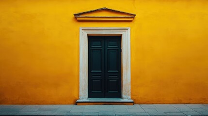 Fototapeta premium Classic Architecture: Vintage Old House Entrance with Yellow Wall and Black Door in Cinematic Product Photography Style