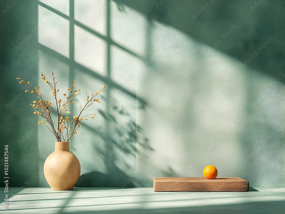 Poster minimalist 3d studio scene with a slate gray backdrop an empty room featuring a product podium and s