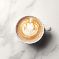 white cup of hot latte coffee with beautiful milk foam art sits on marble surface, creating warm and inviting atmosphere