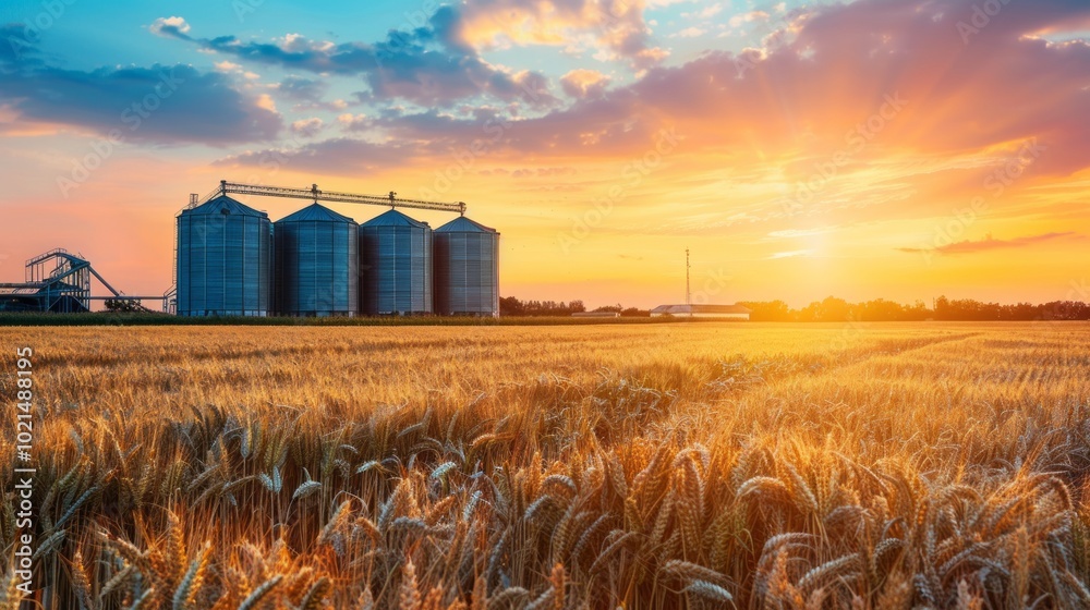 Poster a field of wheat is shown with a beautiful sunset in the background