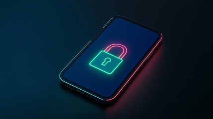 Smartphone displaying a vibrant neon padlock symbol on a dark background, representing security and privacy.