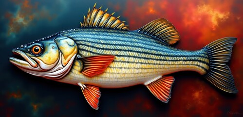 Fototapeta premium A vibrant, artistic illustration of a striped bass, showcasing its distinct features and colors, perfect for culinary, fishing, and nature related projects.