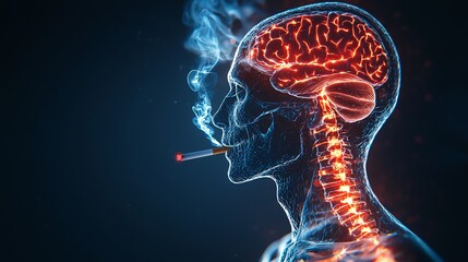 Smoking and its effects on the human brain illustrated with glowing anatomy.