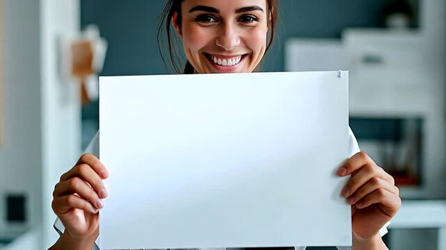 Cheerful female doctor holding blank sheet of paper in hands. Young woman holding blank paper, ready for your text or advertisement.
