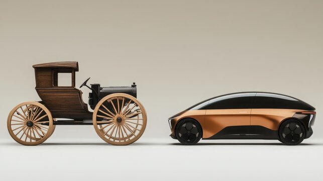 A side-by-side comparison of a vintage wooden carriage and a modern electric car showcasing the evolution of transportation. old vs new generation