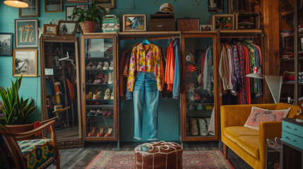 Obraz premium Retro clothing display of colorful 1970s bell-bottoms, floral blouses, and platform shoes in a boutique with retro furniture and decor.