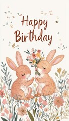 Obraz premium Charming Birthday Card with Adorable Bunnies and Floral Bouquet for Heartfelt Wishes