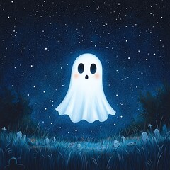 A whimsical ghost illustration surrounded by a starry night sky, perfect for Halloween themes and spooky decorations.