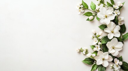 Fototapeta premium Delicate white flowers and lush green leaves arranged elegantly on a plain background.