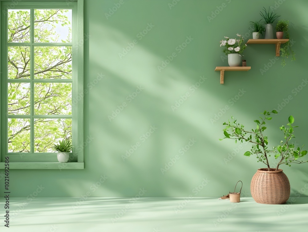 Poster minimalist and clean 3d studio setting with olive green background sparse interior empty floor and w
