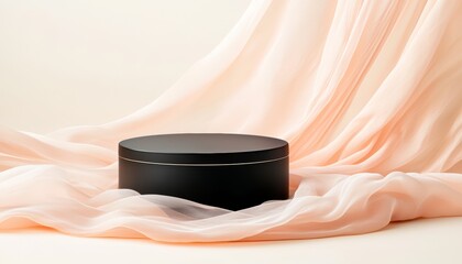 A minimalist black podium with matte silver details, set on a soft red velvet fabric, with spotlighting creating a high-end, dramatic product display.