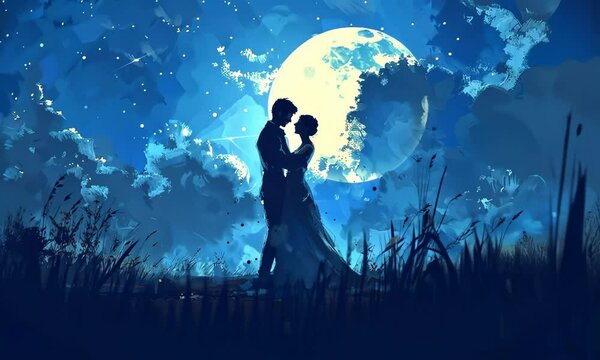 A couple is standing in a field under a full moon Video