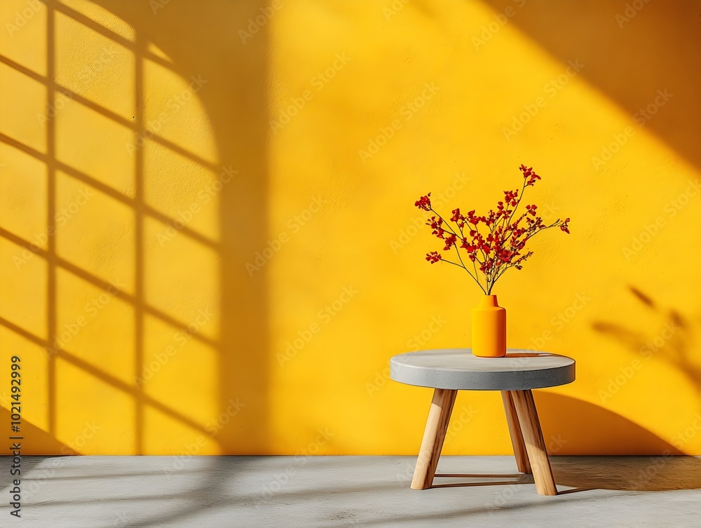 Poster Minimalist 3D studio space with a mustard yellow backdrop empty concrete flooring and walls and a central product display podium  A shadow cast from a window creates a lighting effect on the surface
