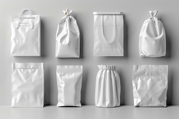 Group of various white paper bags and plastic bags on a solid white background