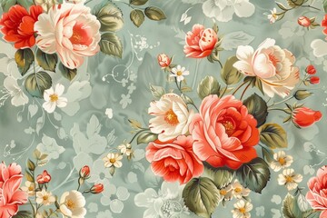 Vintage floral pattern with red, white, and pink roses