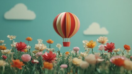 Obraz premium A paper balloon is flying over a field of flowers