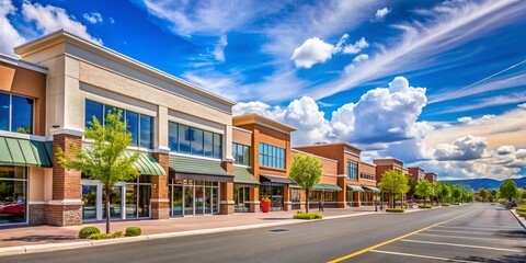 Modern Strip Plaza with Retail Stores and Ample Parking Space on a Clear Sunny Day in the City