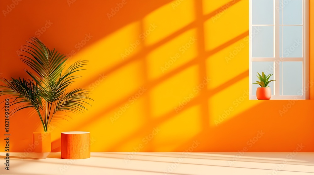 Poster sleek 3d studio room with saffron colored backdrop empty floor and wall and an illuminated product p