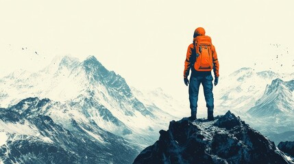 Adventure Awaits: Stunning Mountain Vista in Graphic Movie Animation Style on White Background